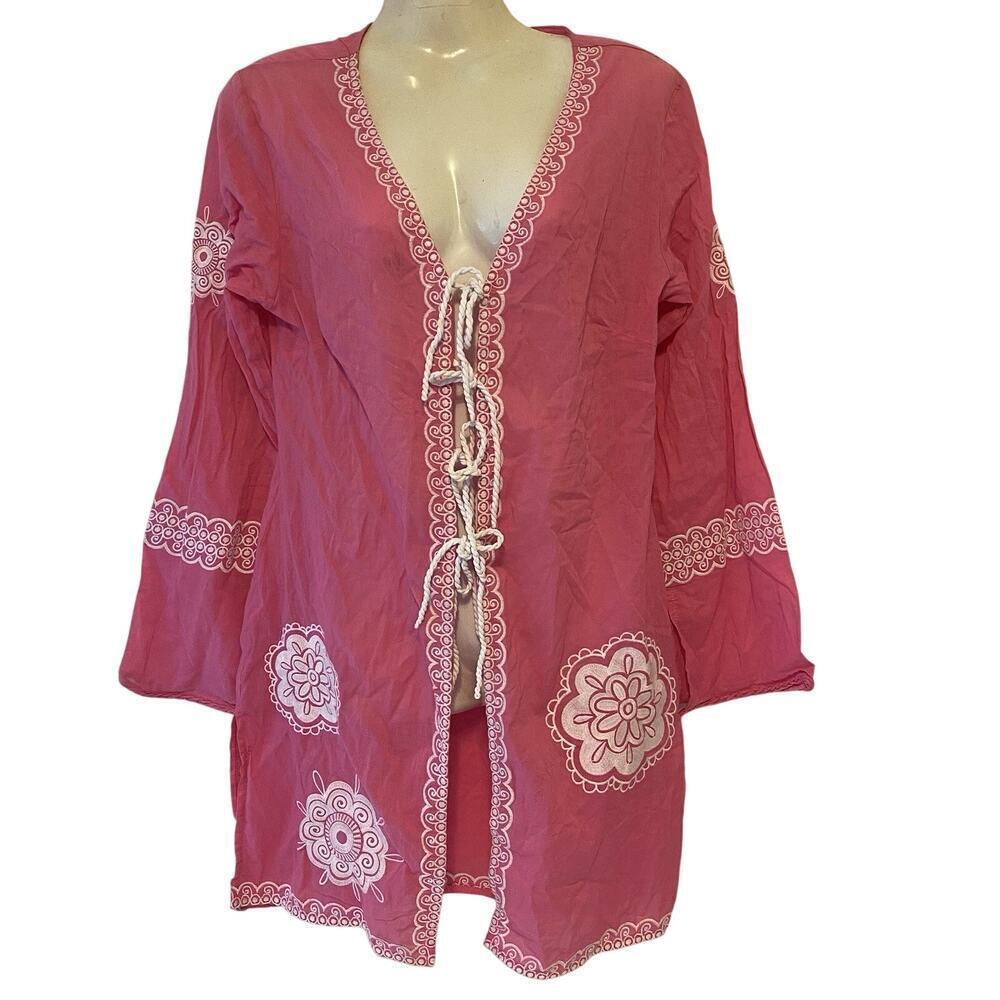 MUDPIE Swim CoverUp Dress S Pink White Floral Embroidered Tie Front Preppy Boho